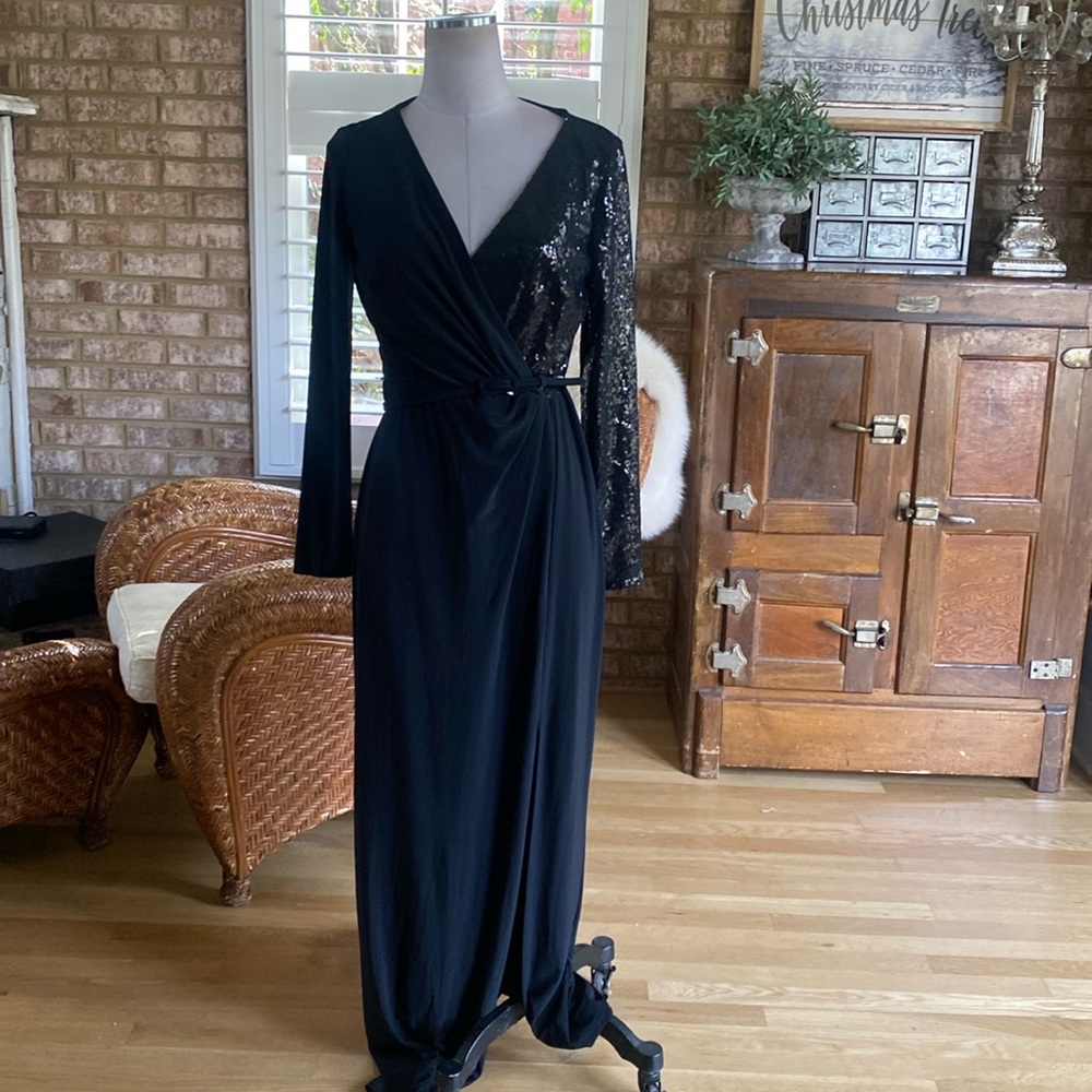 LAUREN Ralph Lauren BLACK BELTED SEQUIN V LONG SLEEVE DRESS 6 NEW SLIT